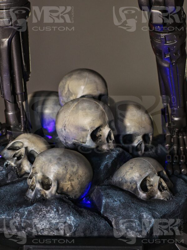 Custom 1/3 scale T-800 statue from Terminator 2 with glowing LED eyes and skull base.