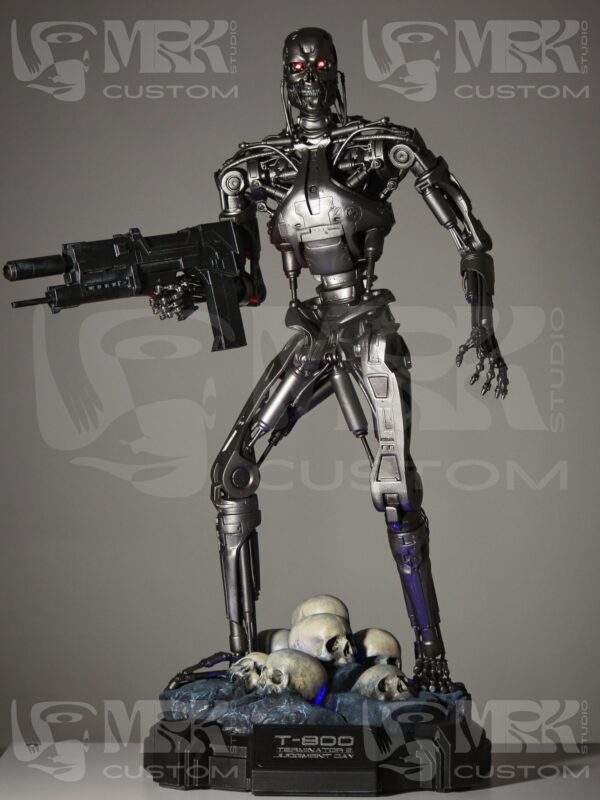 Custom 1/3 scale T-800 statue from Terminator 2 with glowing LED eyes and skull base.