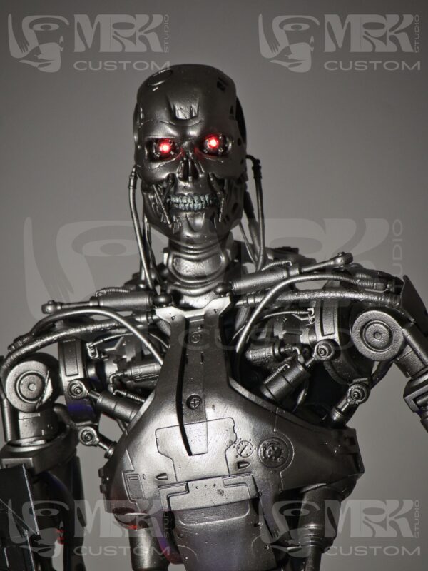 Custom 1/3 scale T-800 statue from Terminator 2 with glowing LED eyes and skull base.