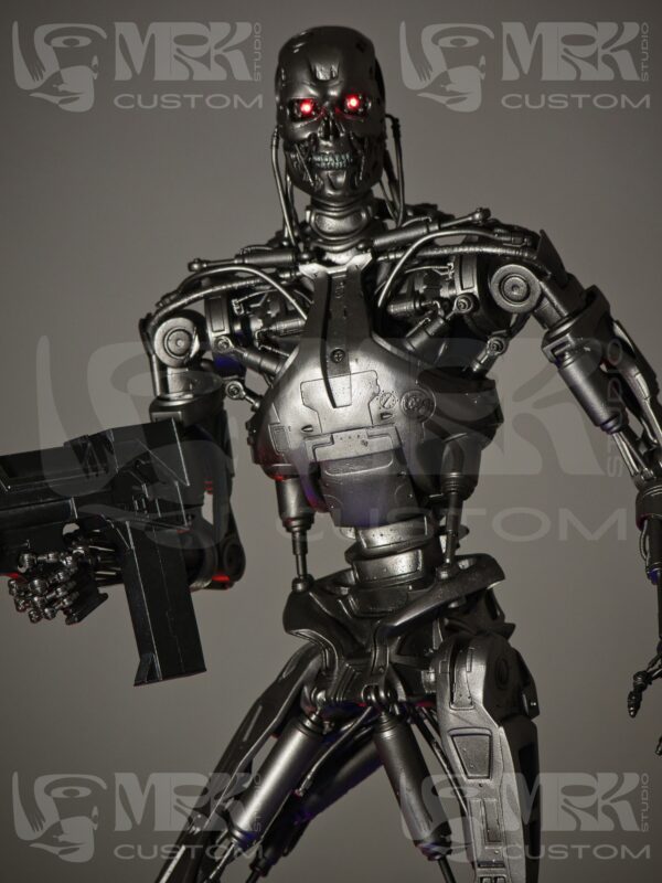 Custom 1/3 scale T-800 statue from Terminator 2 with glowing LED eyes and skull base.