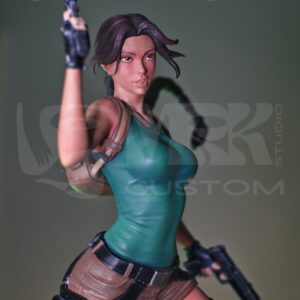Close-up of Lara Croft figure showing impressive hand-painted detail on face and outfit.