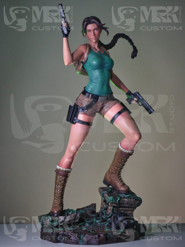 Handcrafted Lara Croft Tomb Raider statue on display base with impressive paint and sculpt details